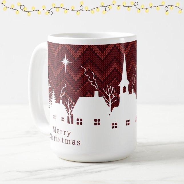 Rustikt rött julbygd Chevron stickad  Kaffemugg (Skapare uppladdad)