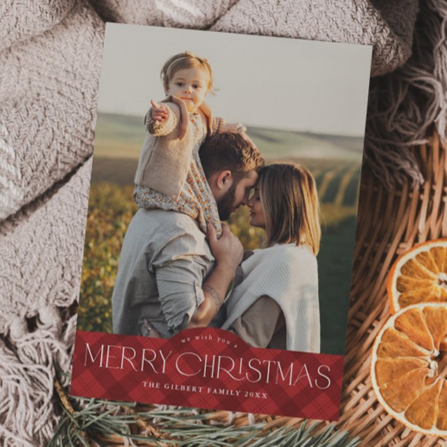 Rustikt rött rutmönster 2 Foto God Jul Julkort (Rustic red plaid portrait 2 photo christmas cards.)
