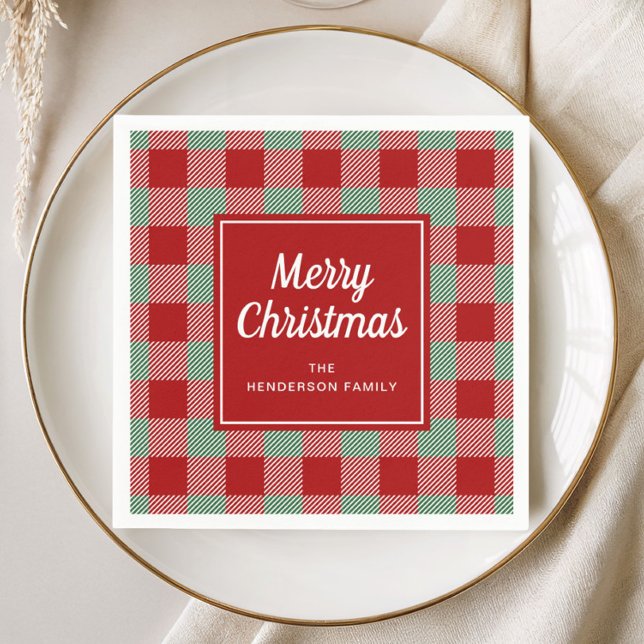 Rustikt rött rutmönstrat God Jul Pappersservett (Rustic Red Plaid Merry Christmas Napkins)