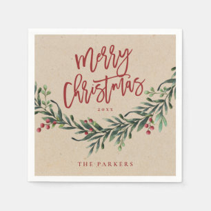 Rustikt rött skript God Jul grönska Pappersservett
