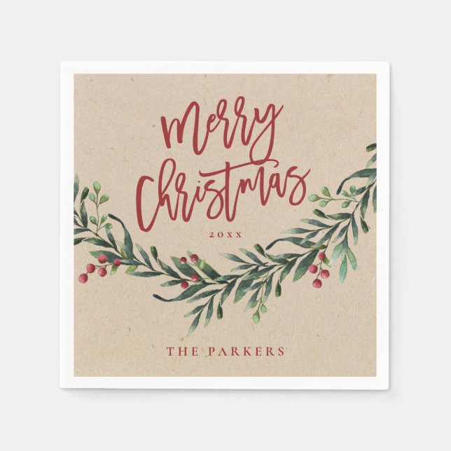 Rustikt rött skript God Jul grönska Pappersservett (Framsidan)