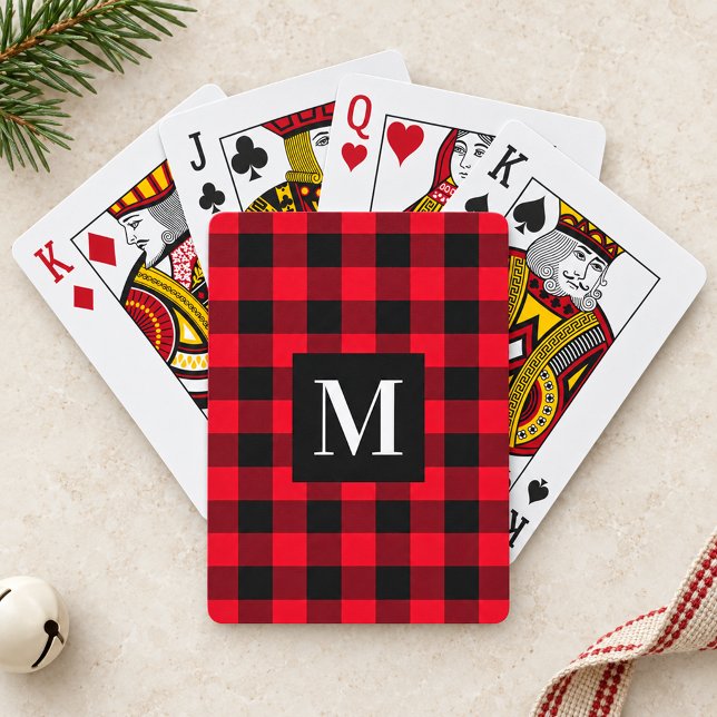 Rustikt rött svart Buffalo-rutig monogram Casinokort (Skapare uppladdad)