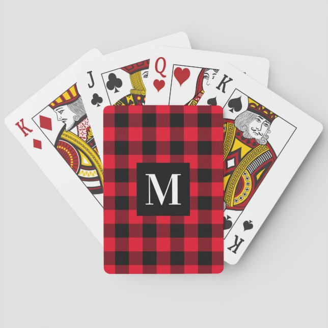 Rustikt rött svart buffelrutig monogram casinokort (Baksidan)