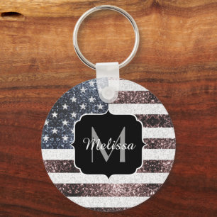 Rustikt Rött Vitt Blått Glitter USA-flagg Monogram Nyckelring