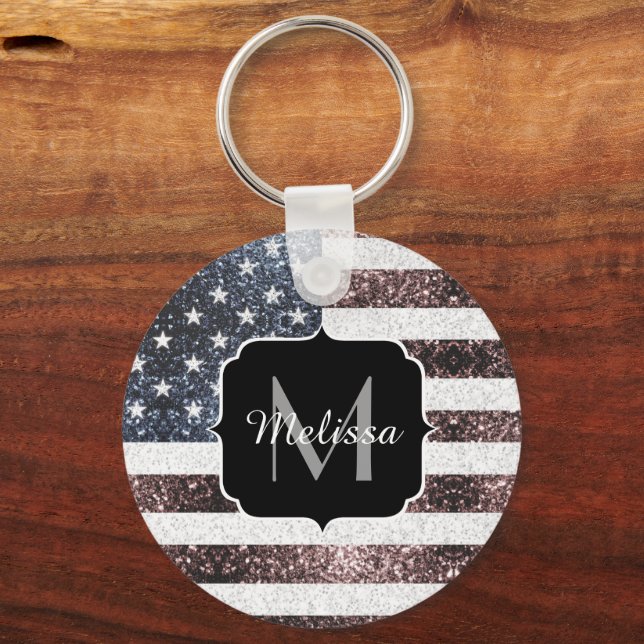 Rustikt Rött Vitt Blått Glitter USA-flagg Monogram Nyckelring (Baksida)