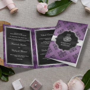Rustikt Silver Lila Svart Damask Muslimsk Bröllop Inbjudan