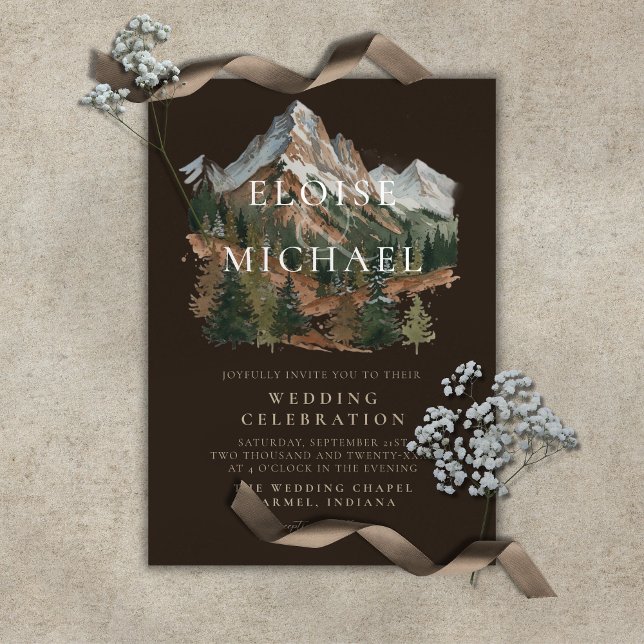 Rustikt snöigt bergslandskap akvarell bröllop inbjudningar (Rustic Snowy Mountain Landscape Watercolor Wedding Invitation)