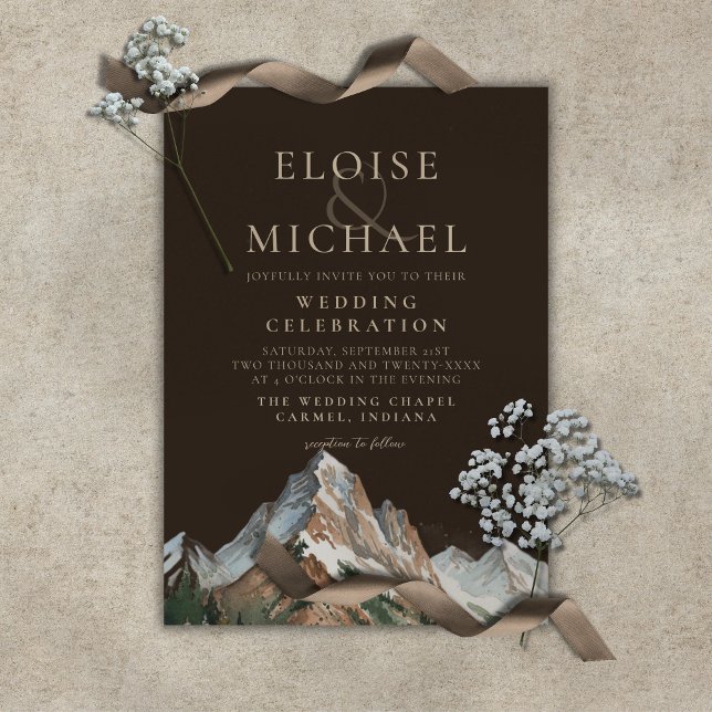 Rustikt snöigt bergslandskap akvarell bröllop inbjudningar (Rustic Snowy Mountain Landscape Watercolor Wedding Invitation)