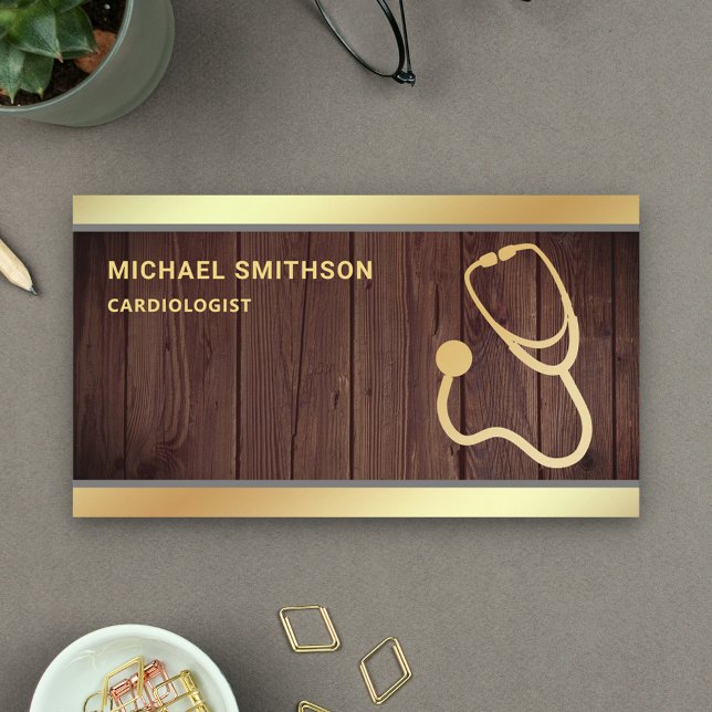 Rustikt Trä Guld Stetoskop Medicinsk Professionell Visitkort (Skapare uppladdad)