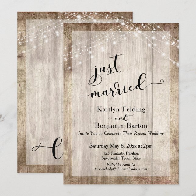 Rustikt Trä & Ljus, Nygifta, Endast Bröllopsfest Inbjudningar (Fram/baksida)