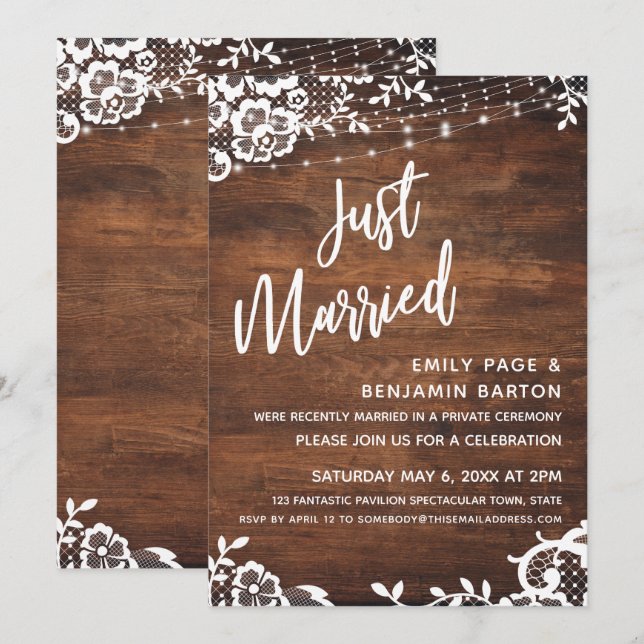 Rustikt Trä, Ljus & Spetsar Precis Gifta Evenemang Inbjudningar (Fram/baksida)