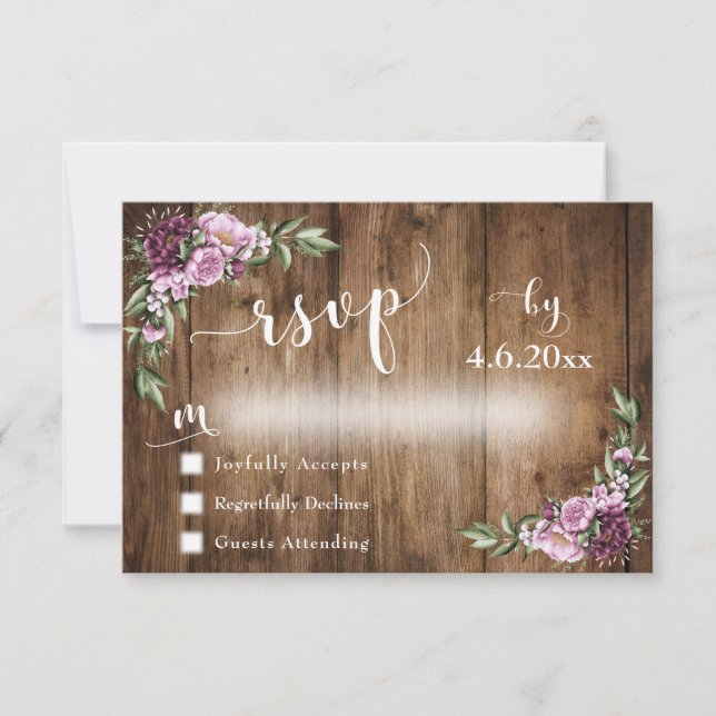 Rustikt Trä och Rosa Blommor med Typografi OSA Kort (Framsida)