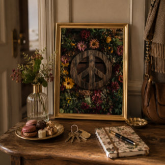 Rustikt träfredstecken med vilda blommor poster