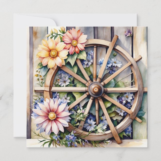 Rustikt Trähjul med Blommor  Kort (Framsida)