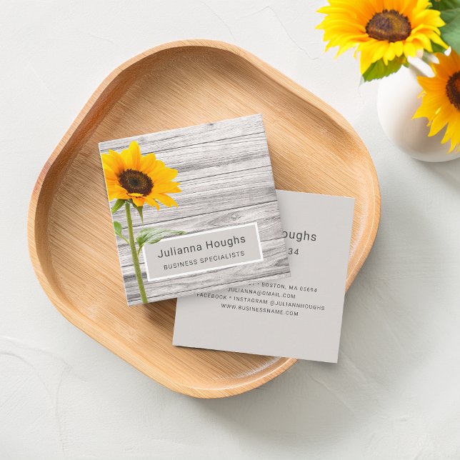 Rustikt Träsolros Tryck Fyrkantigt Visitkort (Rustic Wood Print Sunflower Square Business Card)
