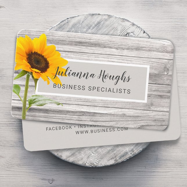 Rustikt Trätryck Solros Visitkort (Rustic Faux Wood Texture Sunflower Business Card)