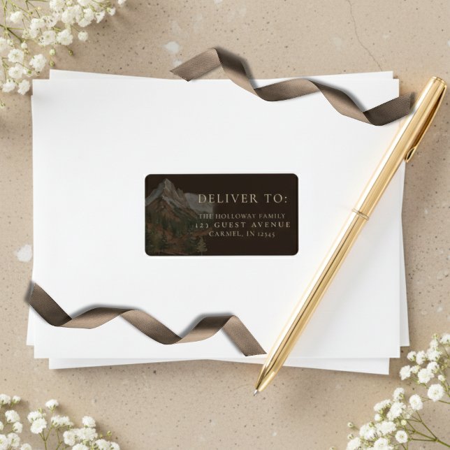 Rustikt Vattenfärgslandskap för Bergbröllop Adressetikett (Rustic Watercolor Mountain Landscape Wedding Label)