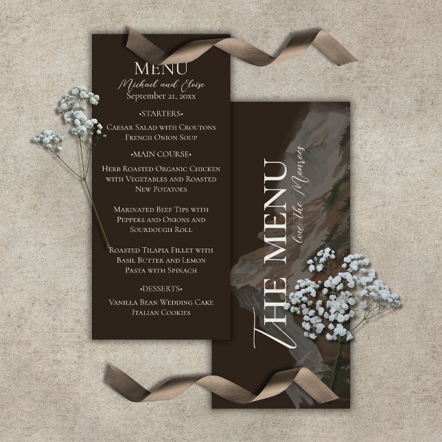 Rustikt Vattenfärgslandskap för Bergbröllop Meny (Rustic Watercolor Mountain Landscape Wedding Menu)