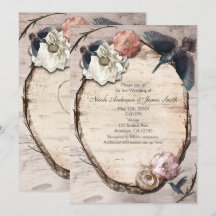 Rustikt vit björk blommig & kolibri-inbjudan