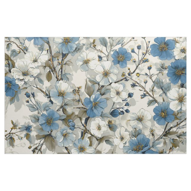 Rustikt vitt blått botaniskt pastell vintage blomm tyg (Yard)