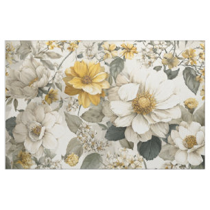 Rustikt vitt gult botaniskt vintage blommigt tyg