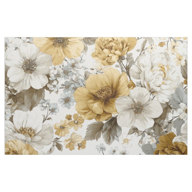 Rustikt vitt gult botaniskt vintage blommigt tyg (Yard)