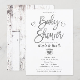 Rustikt vitt lada trä silver baby shower inbjudningar