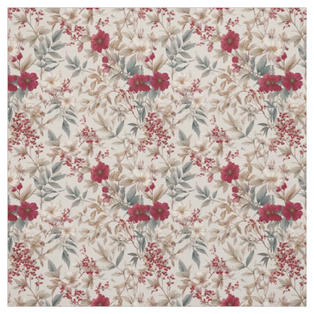 Rustikt vitt rött botaniskt pastell vintage blommi tyg (Provkarta)