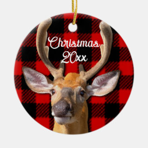 Rustin röd och svart plaid - Hjort Julgransprydnad Keramik