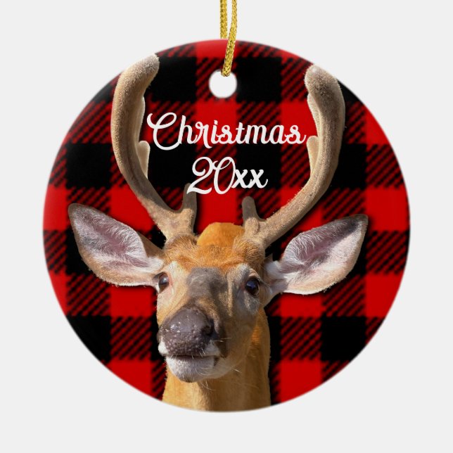 Rustin röd och svart plaid - Hjort Julgransprydnad Keramik (Framsidan)