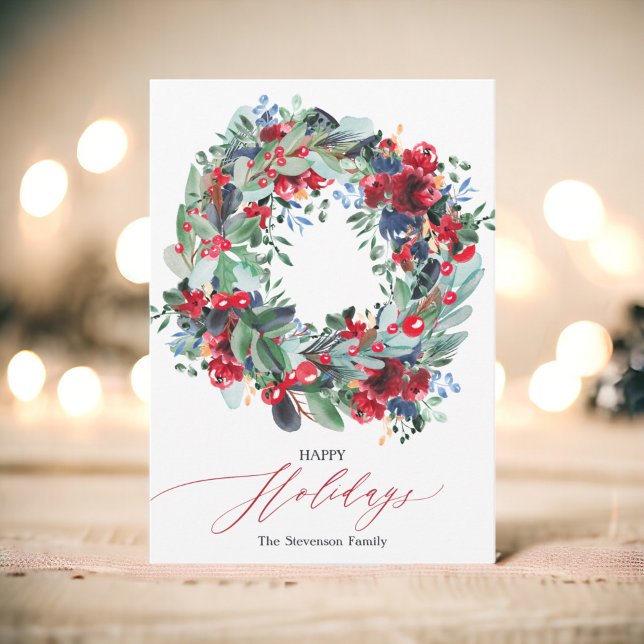 Rustisk blommigt: blått julkrans lycklig julkort (Rustic floral red navy blue Christmas wreath happy Holiday Card)