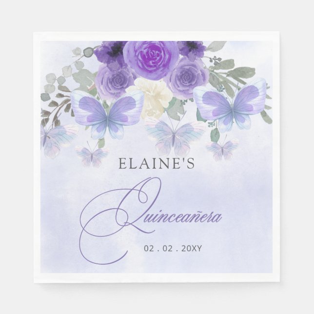 Rustisk Blommigt Lila Lilac Butterflies Quinceaner Pappersservett (Framsidan)