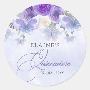 Rustisk Blommigt Lila Lilac Butterflies Quinceaner Runt Klistermärke