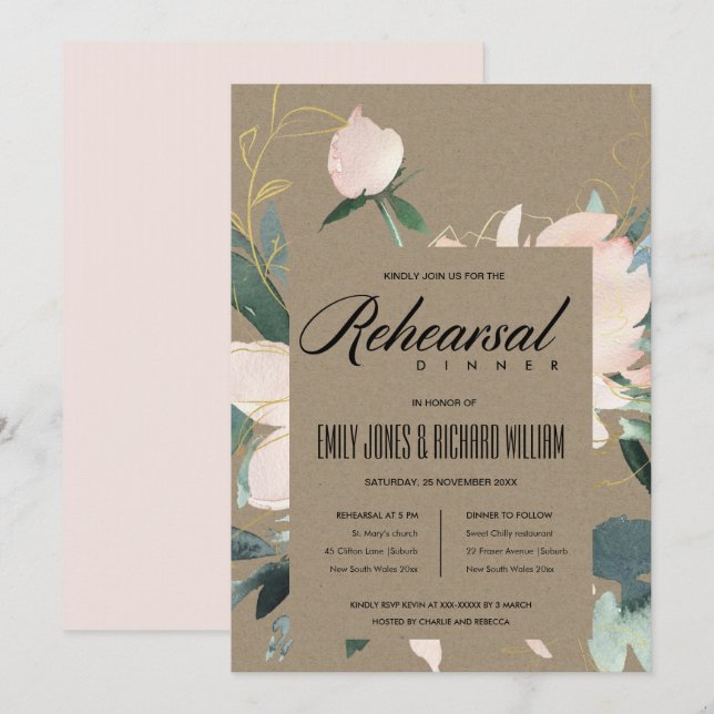 RUSTISK  BLOMMIGT VATTENFÄRG REHEARSAL DINNER INBJUDNINGAR (Fram/baksida)
