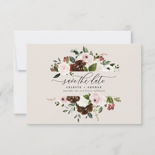 Rustisk burgundi, rosa, grönt blommigt bröllop spara datumet (Framsida)