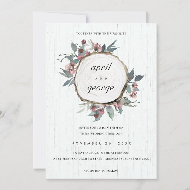 RUSTISK CHIC WOOD SLICE ROSA BLOMMIGT WEDDING INVI TACK KORT (Framsida)