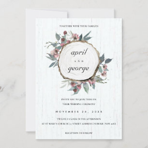 RUSTISK CHIC WOOD SLICE ROSA BLOMMIGT WEDDING INVI TACK KORT
