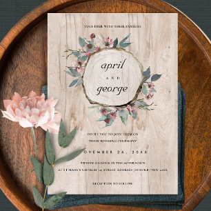 RUSTISK CHIC WOOD SLICE ROSA BLOMMIGT WEDDING INVI TACK KORT