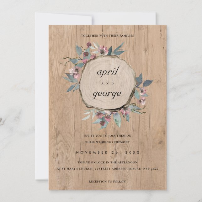RUSTISK CHIC WOOD SLICE ROSA BLOMMIGT WEDDING INVI TACK KORT (Framsida)