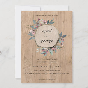 RUSTISK CHIC WOOD SLICE ROSA BLOMMIGT WEDDING INVI TACK KORT