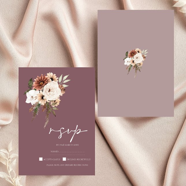 Rustisk Lila och Persikofärgad Blommigt Bröllop OSA Kort (Rustic Purple and Peach Floral Wedding RSVP Card)
