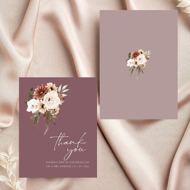 Rustisk Lila och Persikofärgad Blommigt Bröllop Tack Kort (Rustic Purple and Peach Floral Wedding Thank You Card)