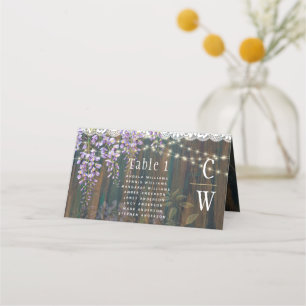 Rustisk Lila Wisteria Snöre Ljus Wood Bröllop Placeringskort