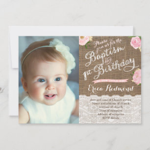 Rustisk Rosa Blommigt Baptism 1:a födelsedag Party Inbjudningar