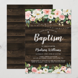 Rustisk Rosa Blommigt String Ljus Girl Baptism Inbjudningar