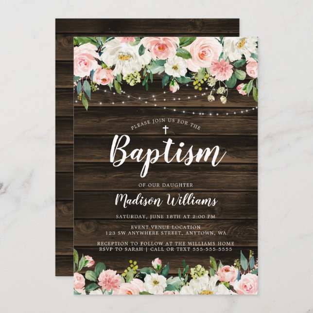 Rustisk Rosa Blommigt String Ljus Girl Baptism Inbjudningar (Fram/baksida)