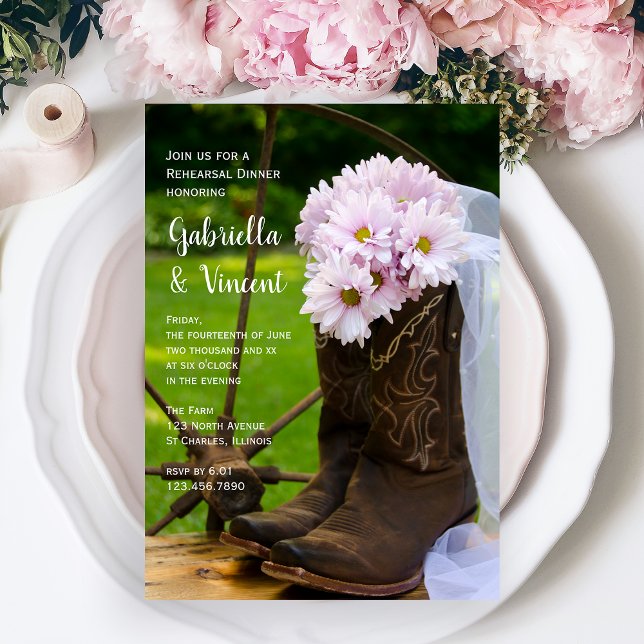 Rustisk Rosa Daisy Boots Bröllop Rehearsal Middag Inbjudningar (Skapare uppladdad)
