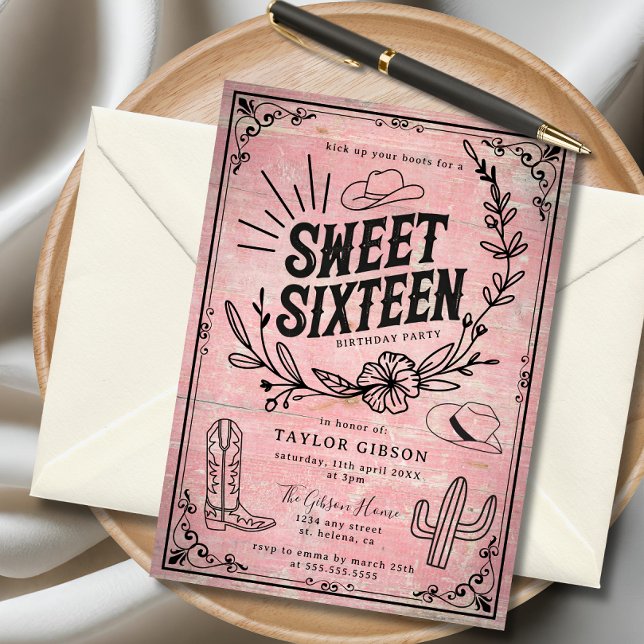 Rustisk Rosa Western Blommigt Sweet sixteen födels Inbjudningar (Rustic pink cowgirl sweet sixteen invitation with western floral design and cowboy hat accents.)
