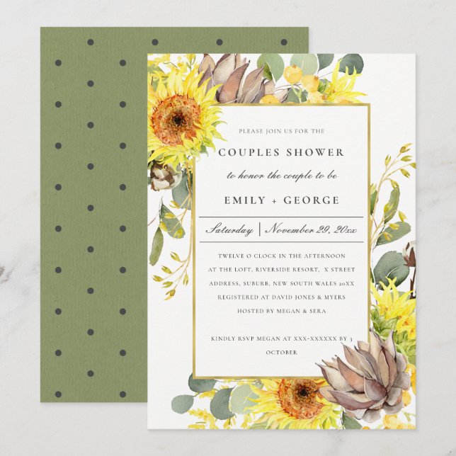 RUSTISK SUNFLOWER EUCALYPTUS BLOMMIGT PAR SHOWER INBJUDNINGAR (Fram/baksida)