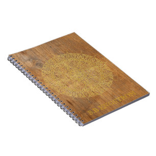 RUSTISK TRÄ MED GOLDEN MANDALA - NAMN ANTECKNINGSBOK MED SPIRAL